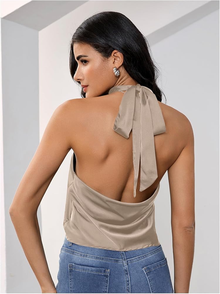 MakeMeChic Women's Halter Tops Satin Silk Backless Sleeveless